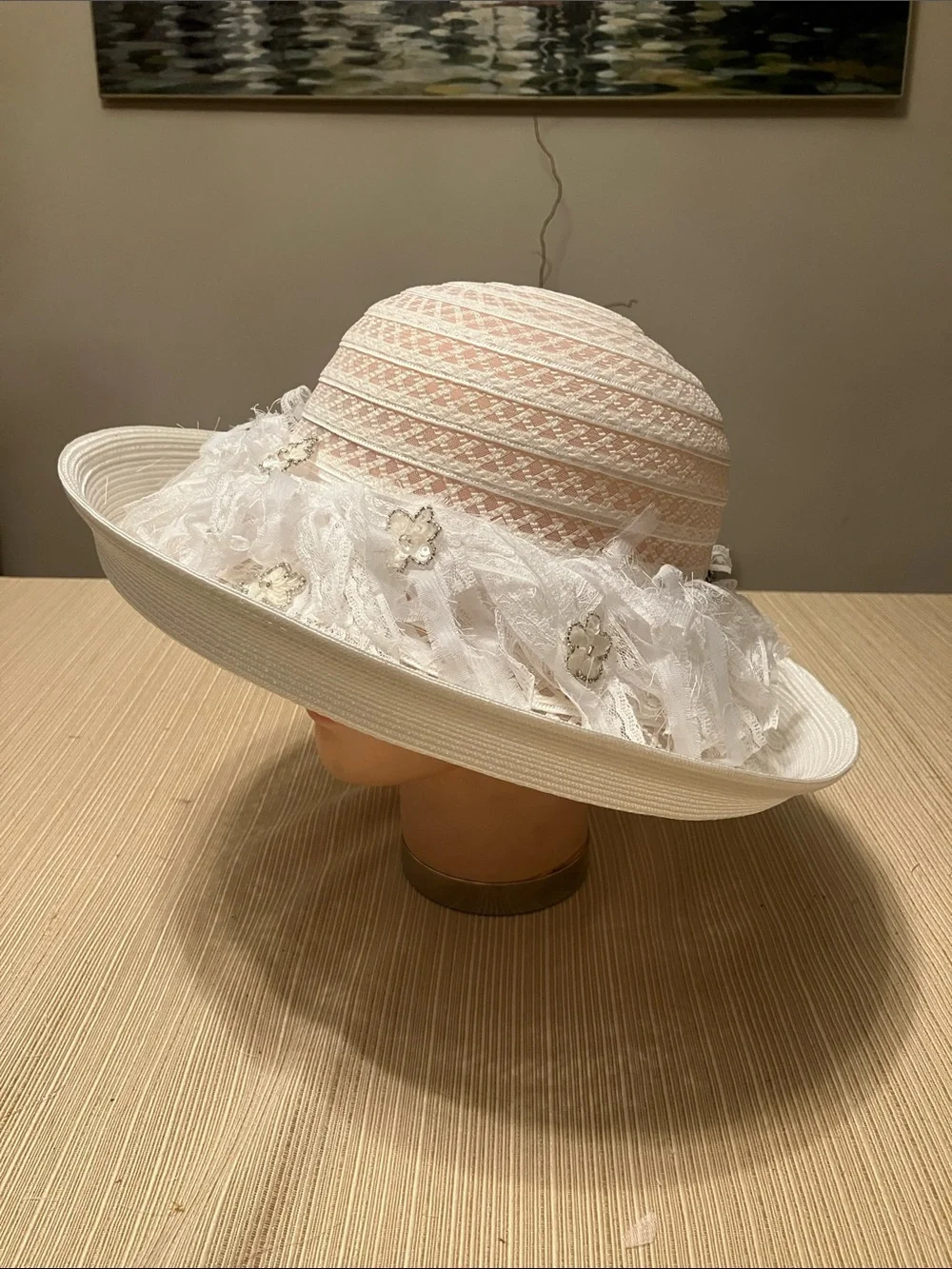 Elegant Women’s Wide-Brim White Lace Church Hat